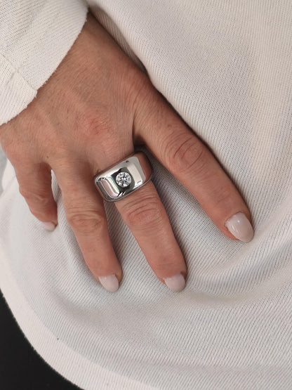 Wide Stainless Steel Moissanite Ring: Dome Statement Band