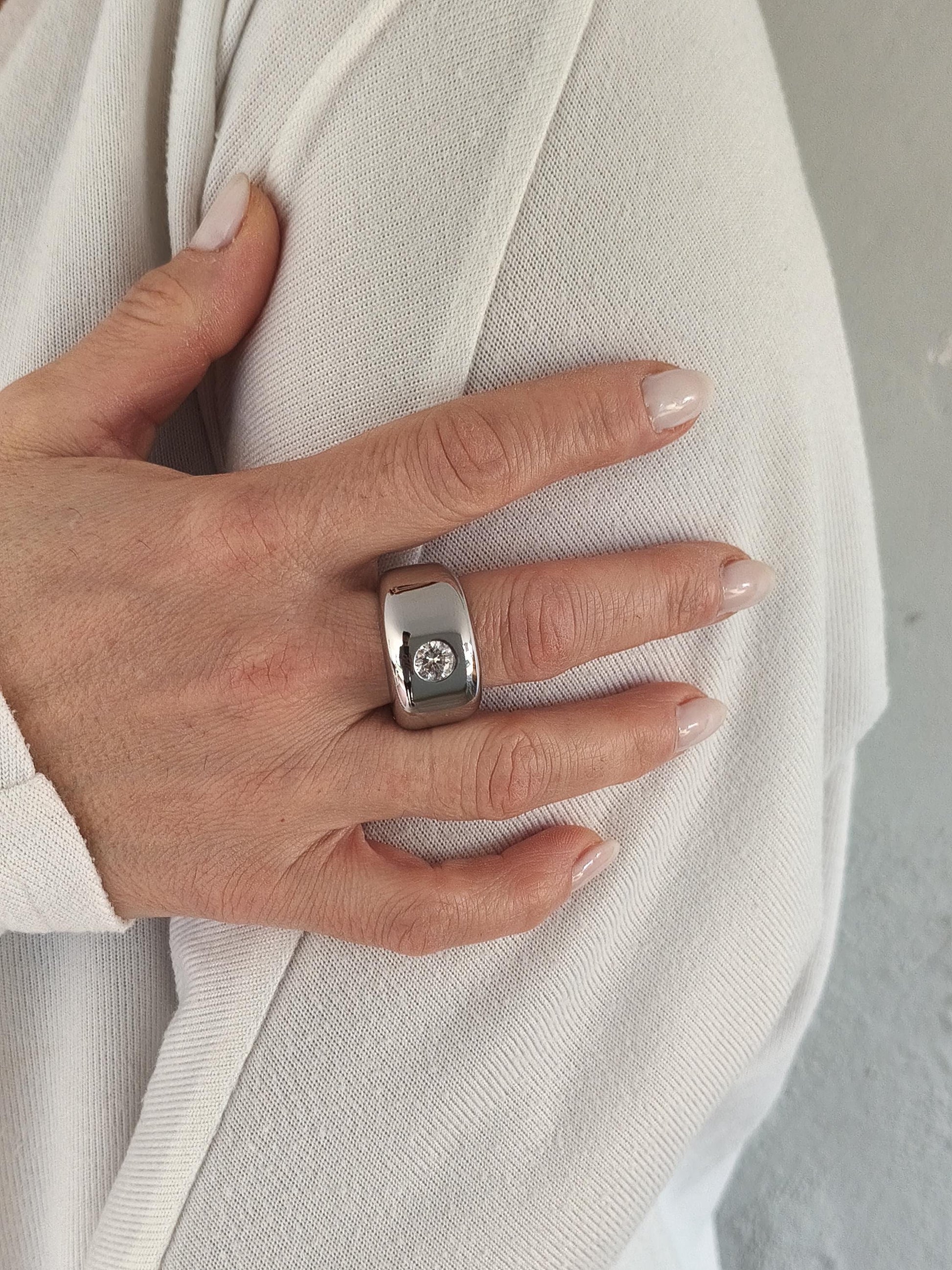 Wide Stainless Steel Moissanite Ring: Dome Statement Band