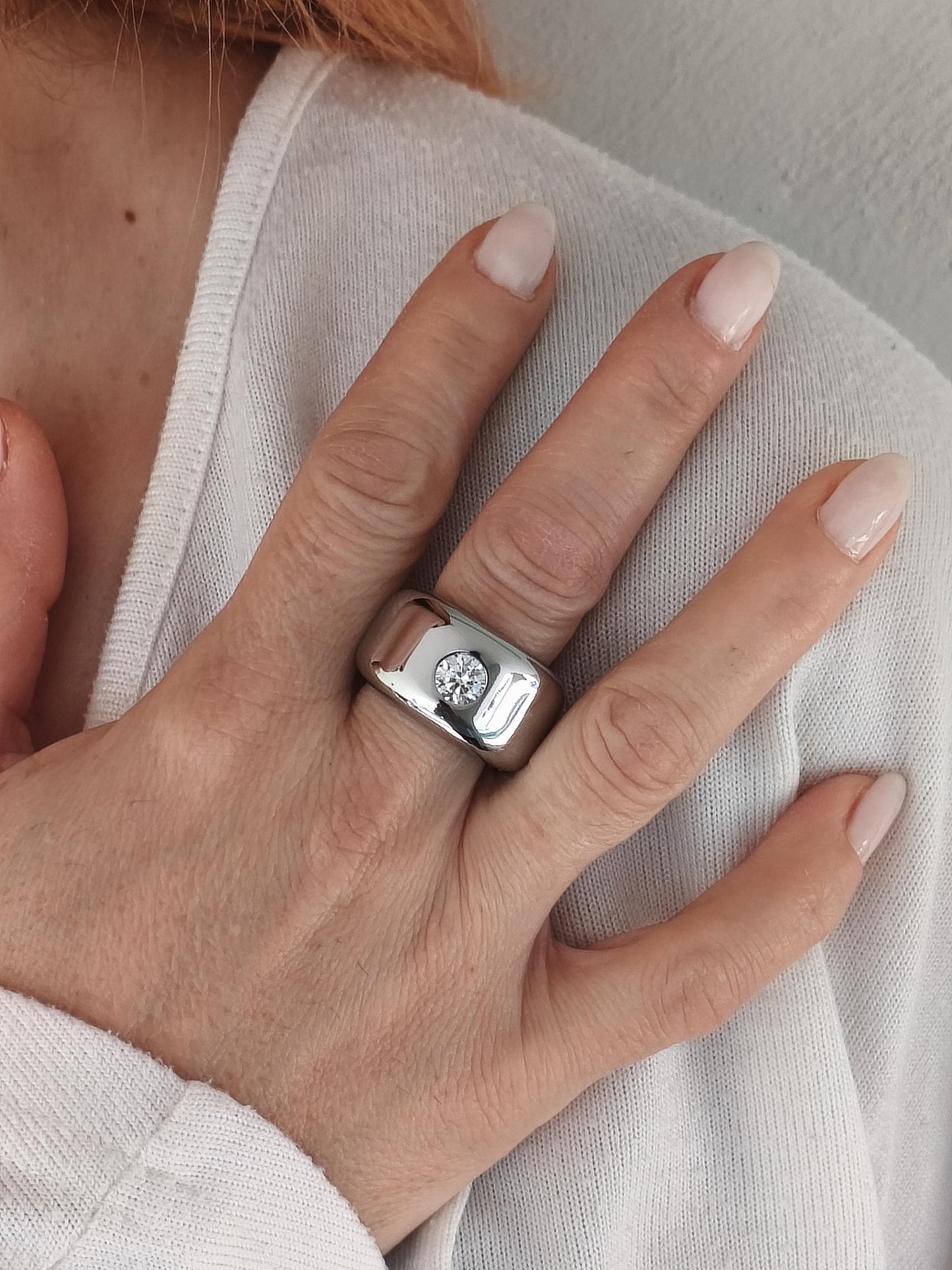 Wide Stainless Steel Moissanite Ring: Dome Statement Band