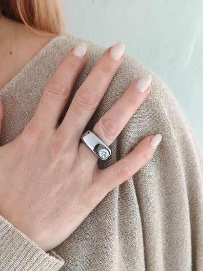Moissanite Statement Ring: Stainless Steel Offset Design