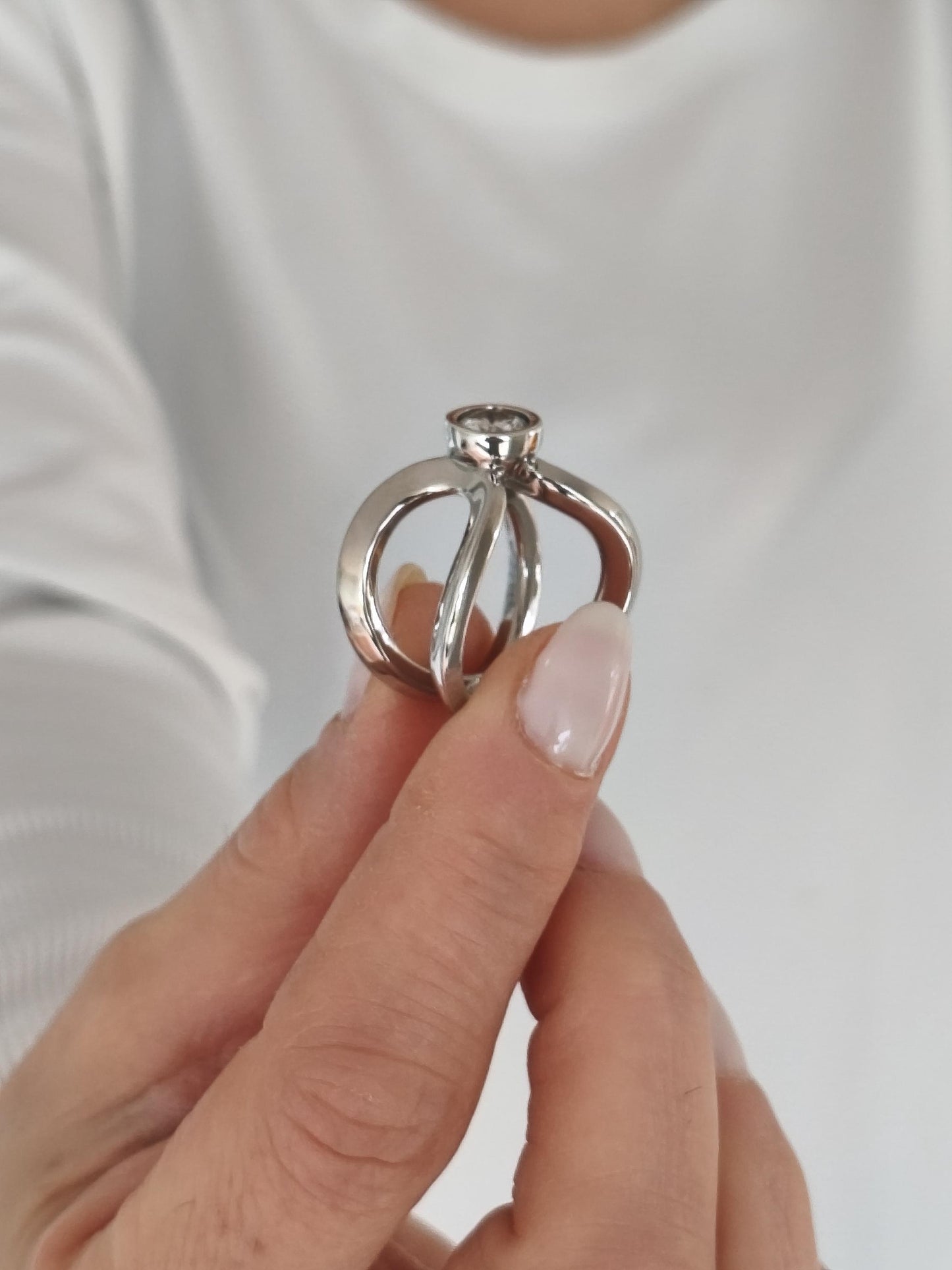 Engagement Ring For Women: Asymmetrical Design, Palladium Coated Silver With Moissanite