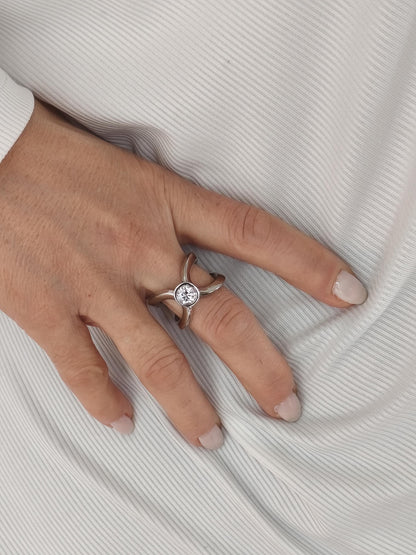 Engagement Ring For Women: Asymmetrical Design, Palladium Coated Silver With Moissanite