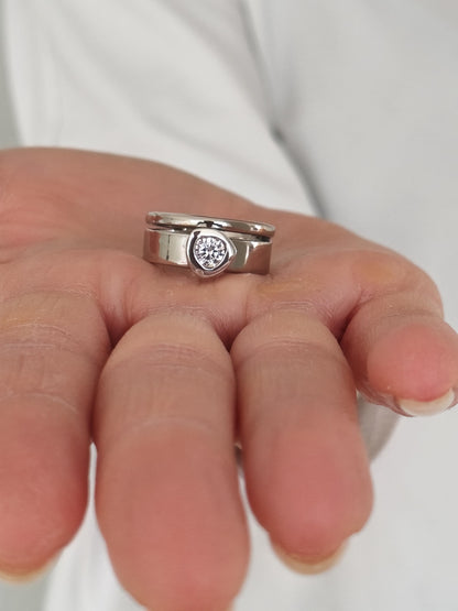 Moissanite Engagement Ring Set: Palladium coated AG950 Silver Wedding Band