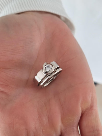 Moissanite Engagement Ring Set: Palladium coated AG950 Silver Wedding Band