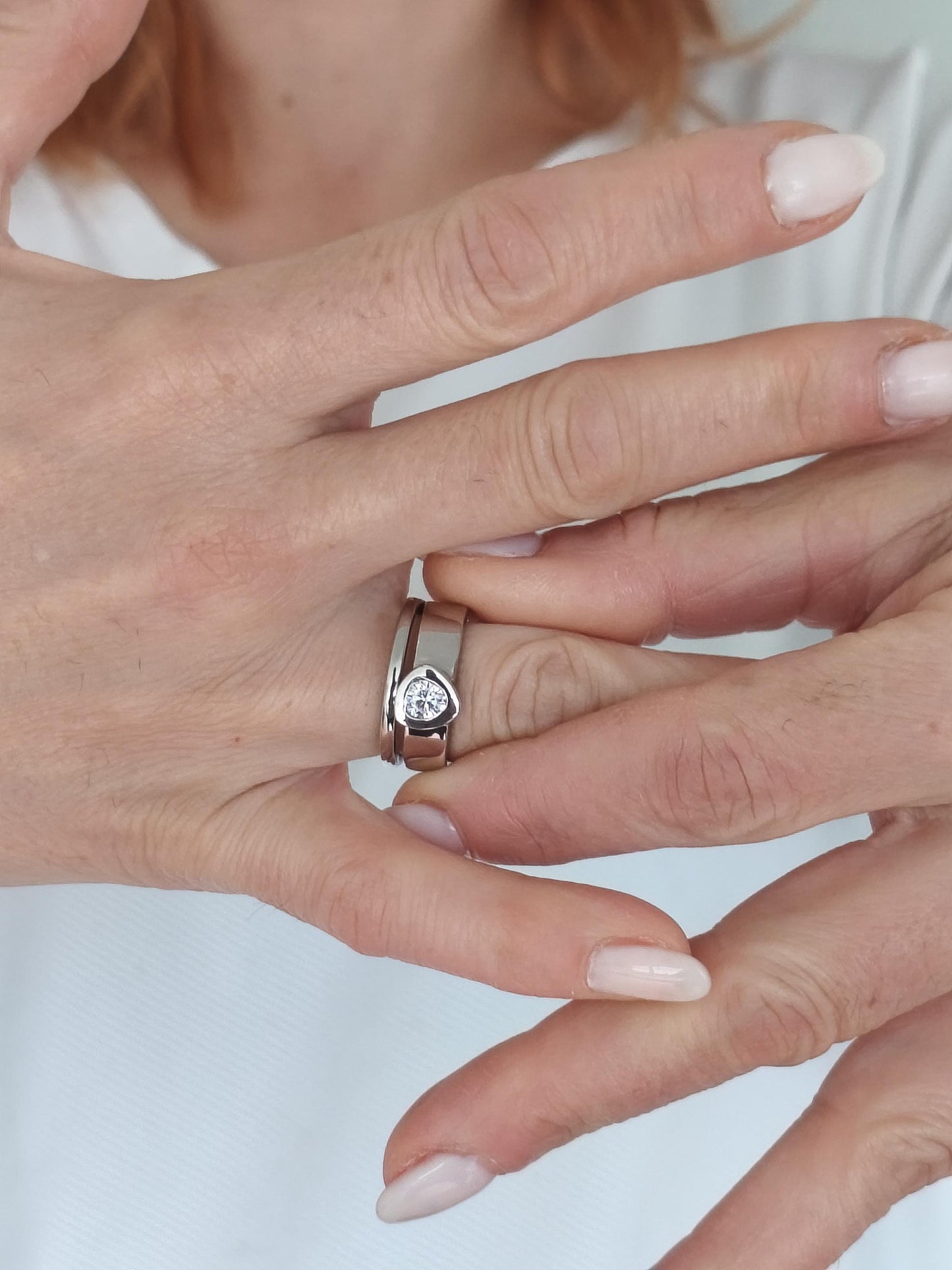 Moissanite Engagement Ring Set: Palladium coated AG950 Silver Wedding Band