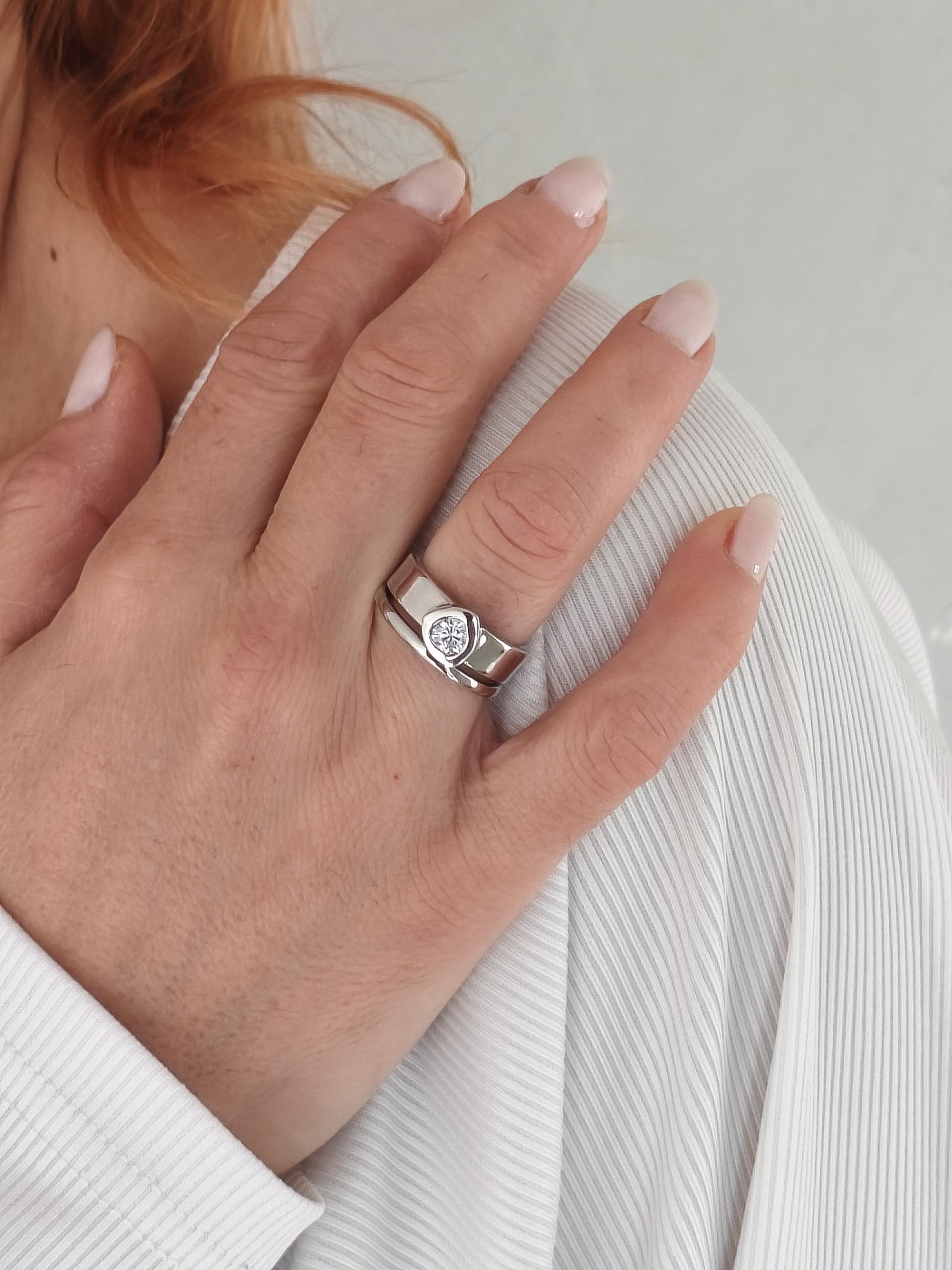 Moissanite Engagement Ring Set: Palladium coated AG950 Silver Wedding Band