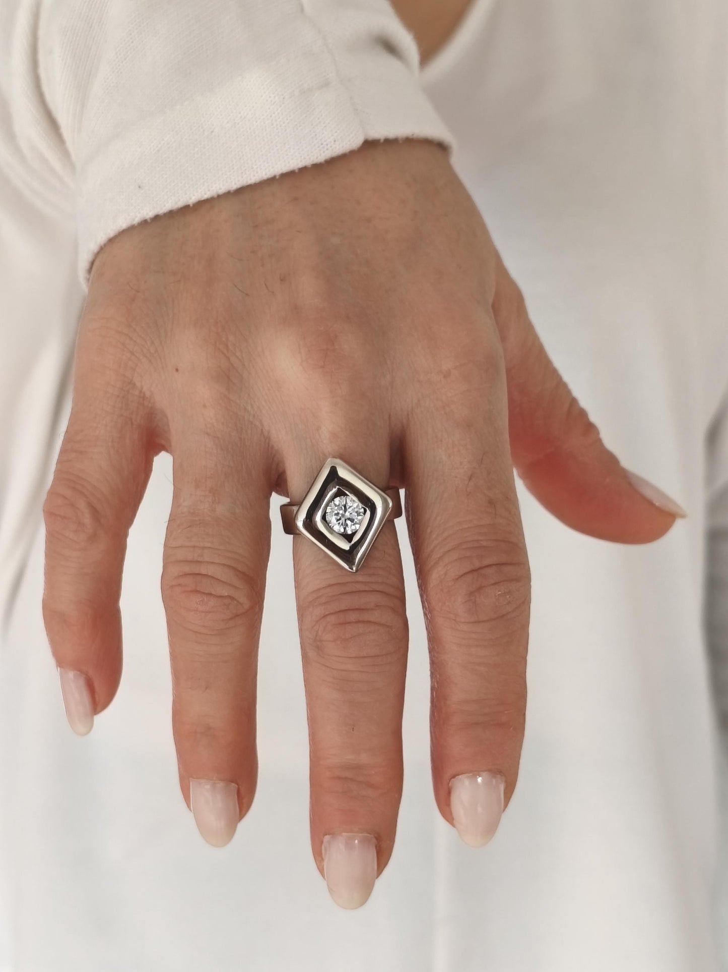 Solitaire Moissanite Ring: Palladium Coated Silver, Rhombus Motif Engagement Ring