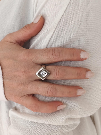 Solitaire Moissanite Ring: Palladium Coated Silver, Rhombus Motif Engagement Ring