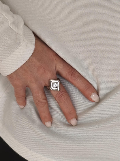 Solitaire Moissanite Ring: Palladium Coated Silver, Rhombus Motif Engagement Ring