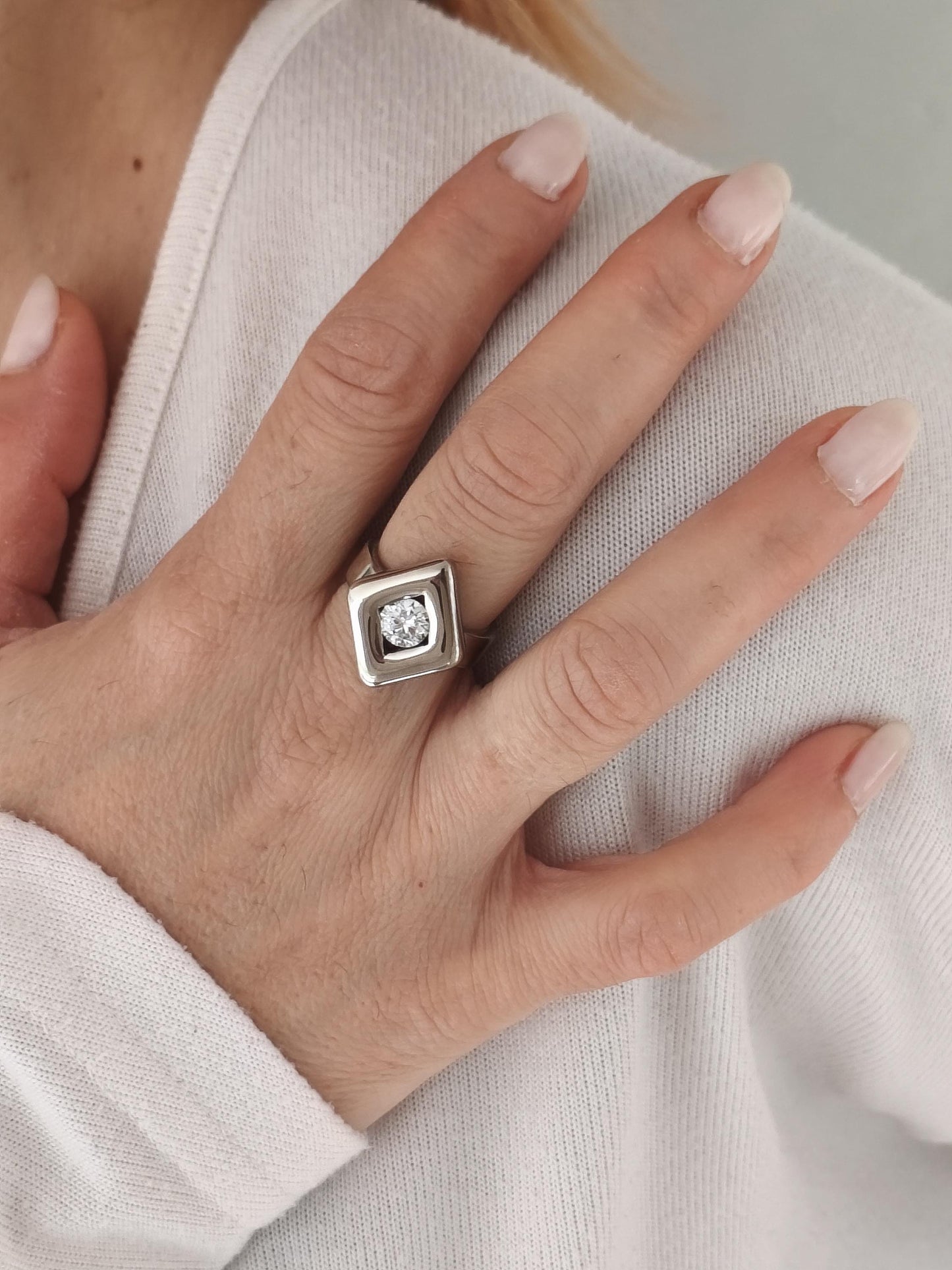 Solitaire Moissanite Ring: Palladium Coated Silver, Rhombus Motif Engagement Ring