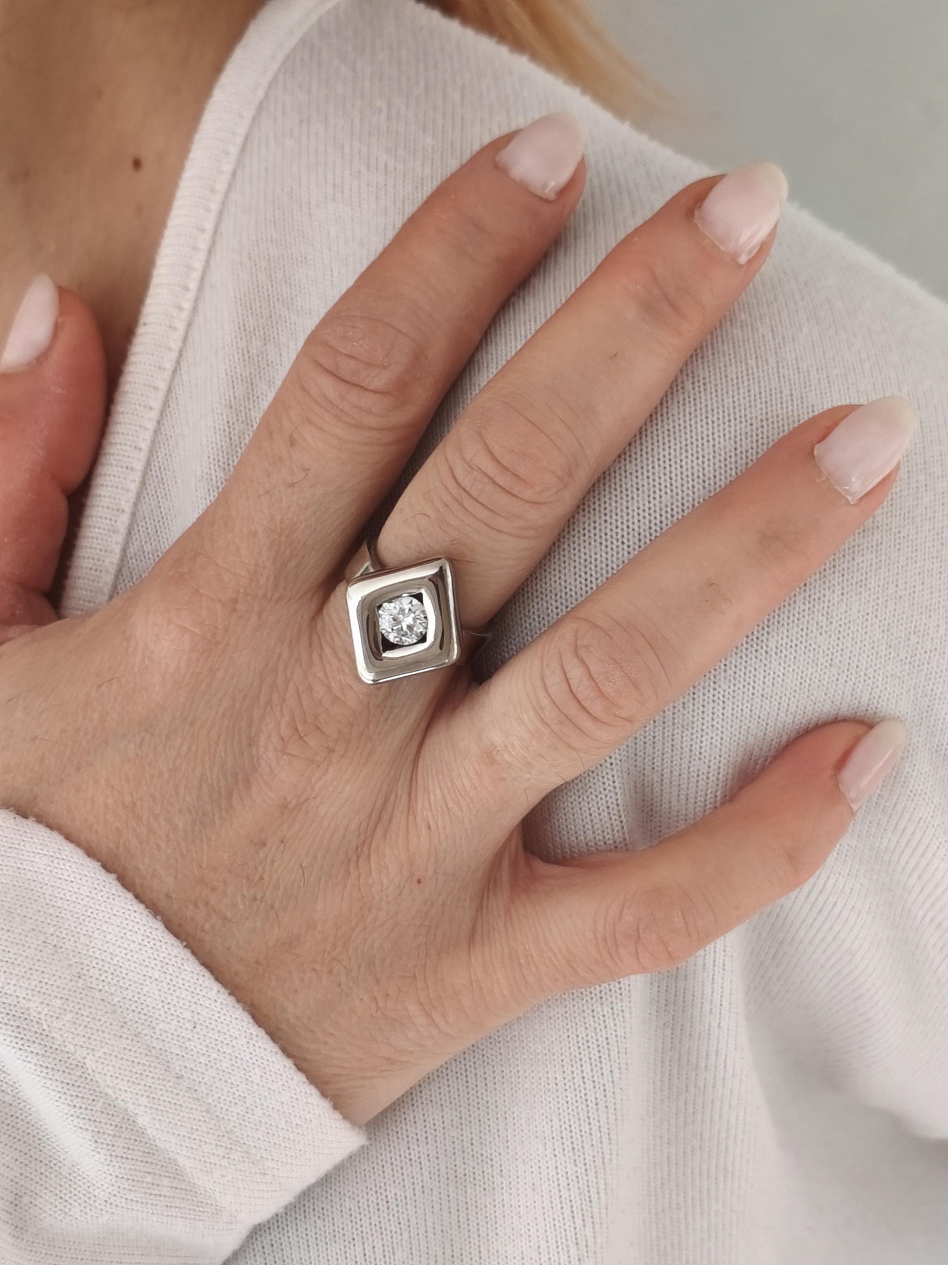 Solitaire Moissanite Ring: Palladium Coated Silver, Rhombus Motif Engagement Ring