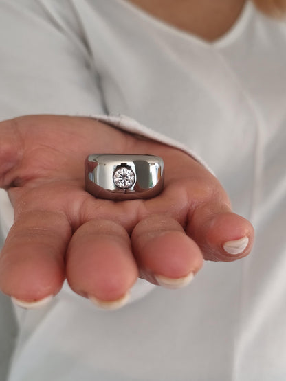 Wide Stainless Steel Moissanite Ring: Dome Statement Band