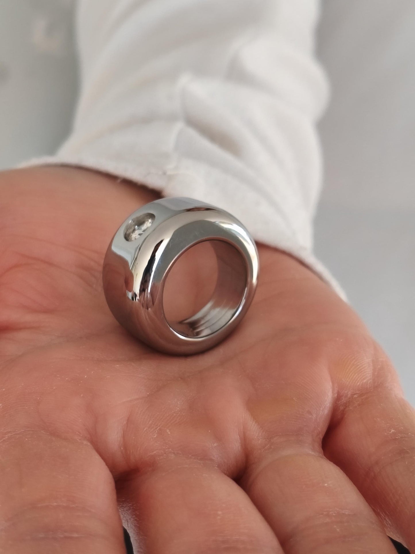 Wide Stainless Steel Moissanite Ring: Dome Statement Band