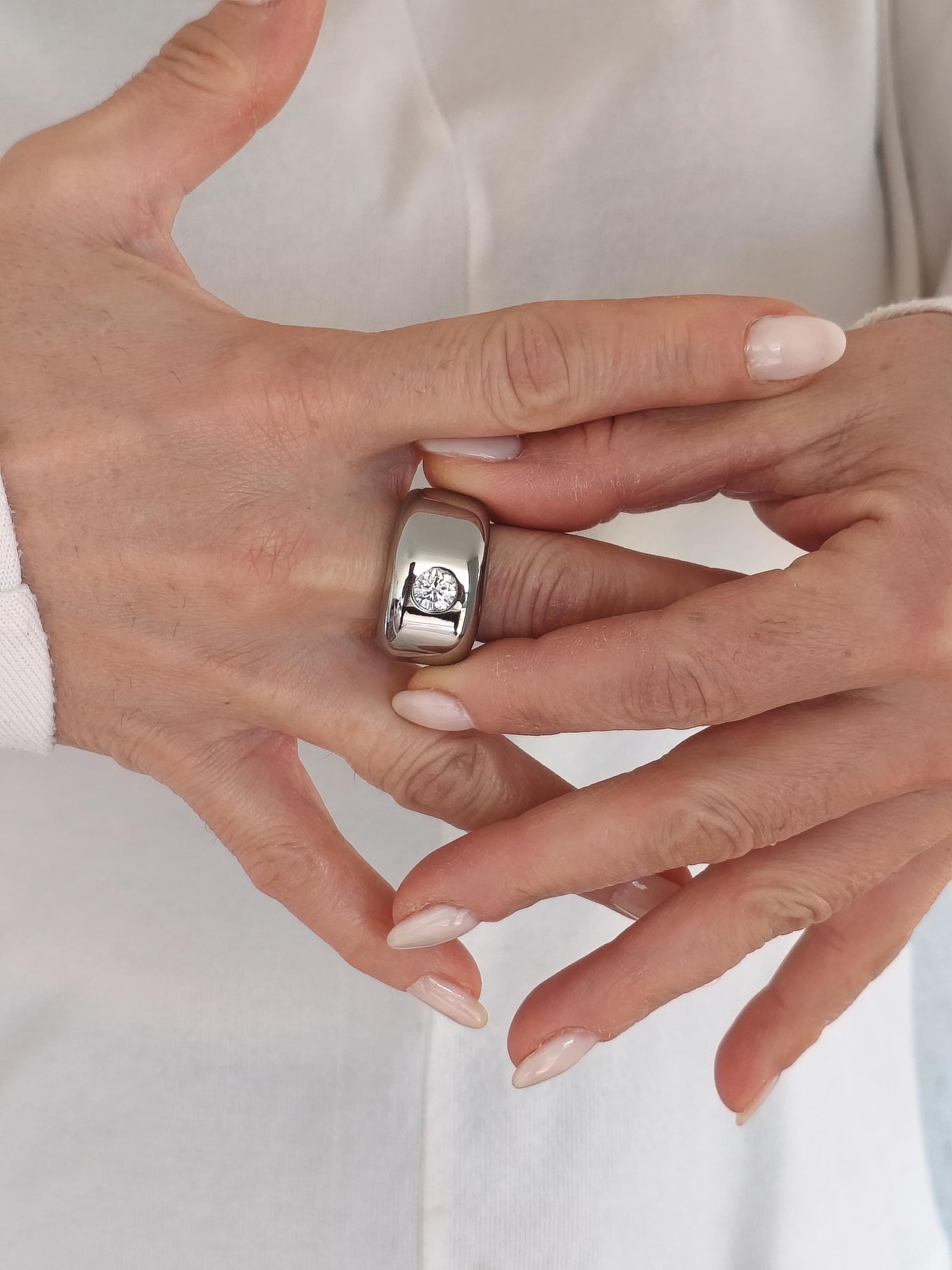 Wide Stainless Steel Moissanite Ring: Dome Statement Band
