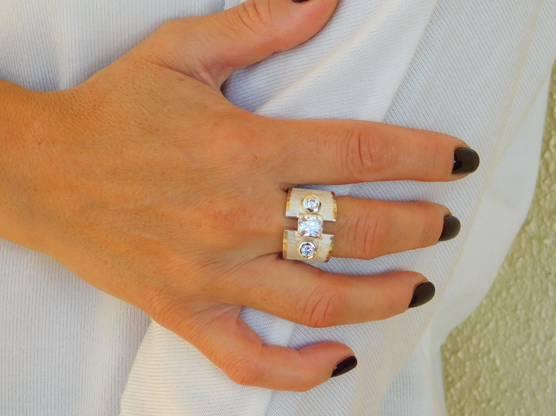 Wide statement ring, Silver multi-stone ring, Ancient greek design