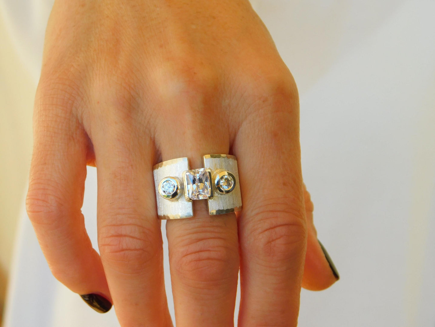 Wide statement ring, Silver multi-stone ring, Ancient greek design