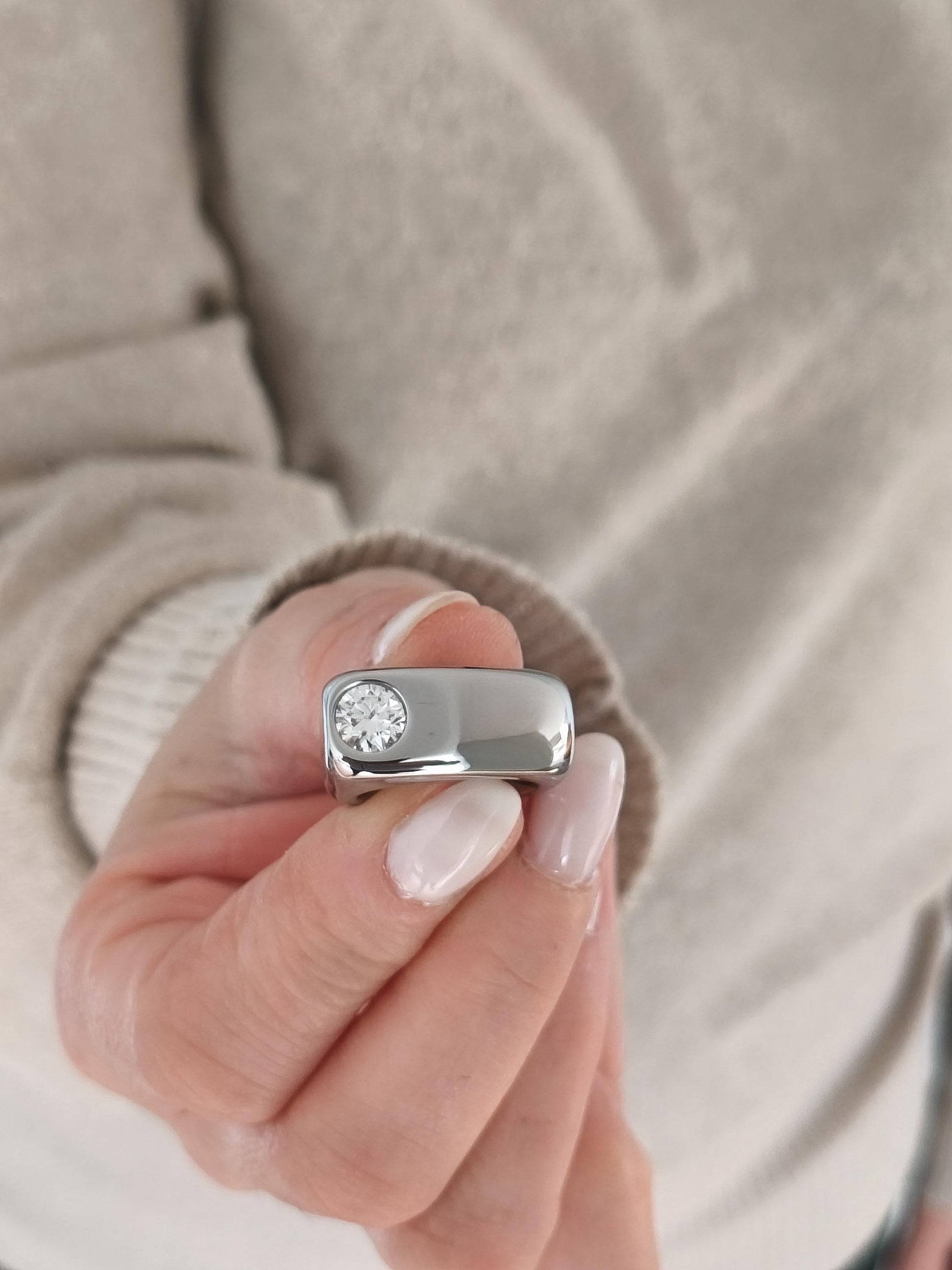 Moissanite Statement Ring: Stainless Steel Offset Design