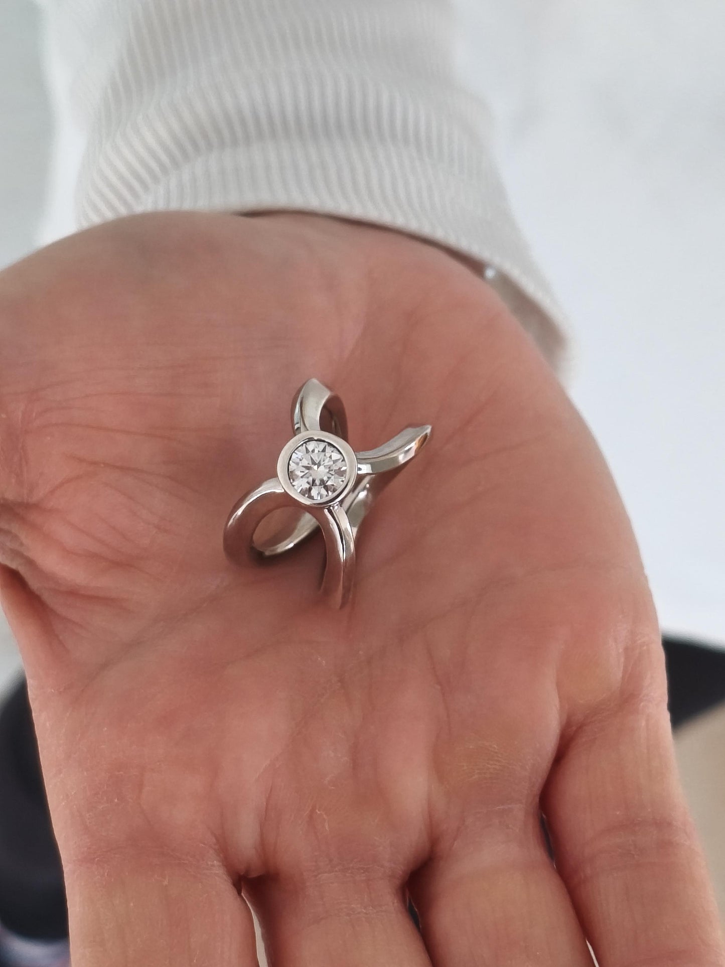 Engagement Ring For Women: Asymmetrical Design, Palladium Coated Silver With Moissanite