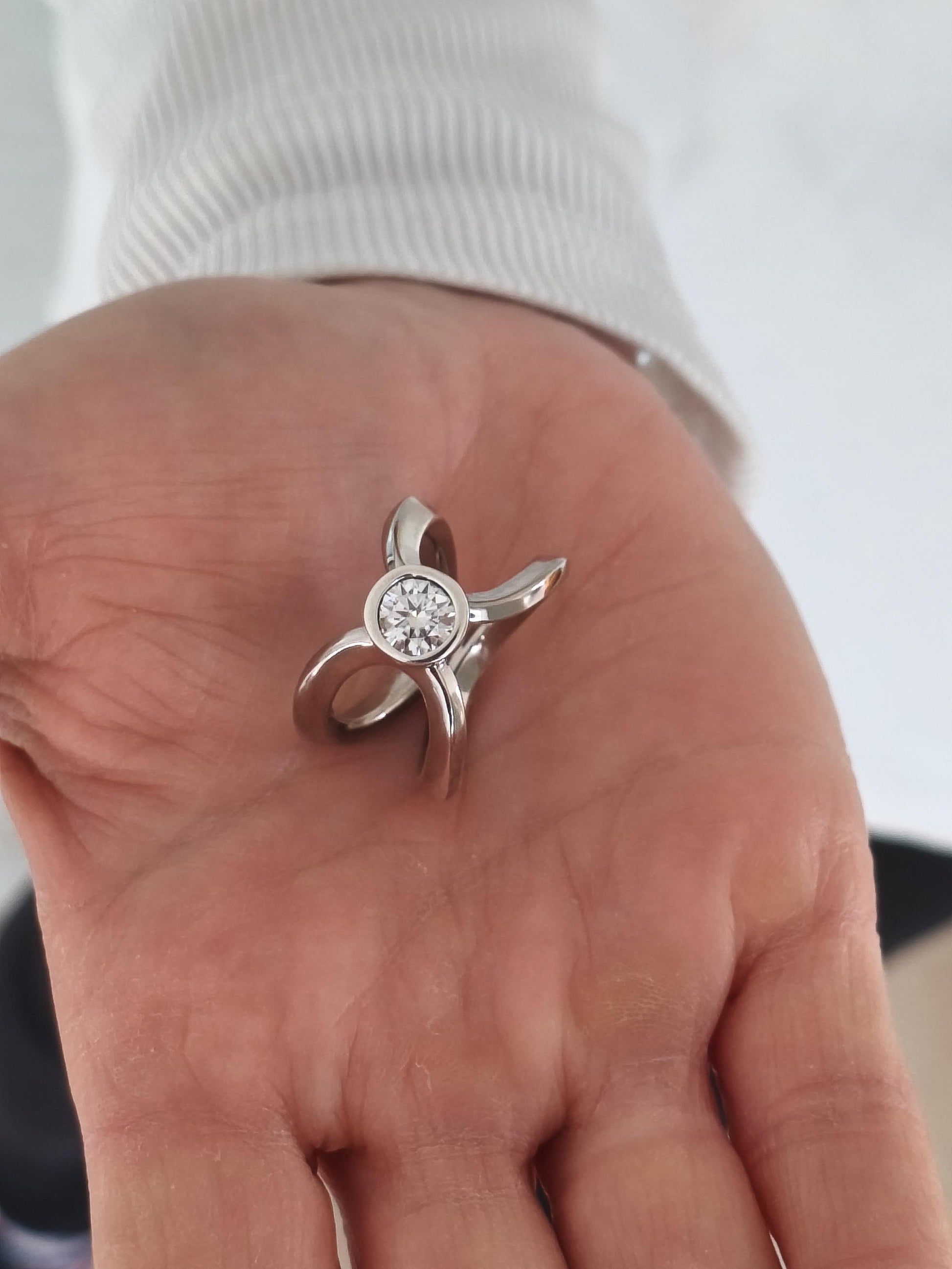 Engagement Ring For Women: Asymmetrical Design, Palladium Coated Silver With Moissanite