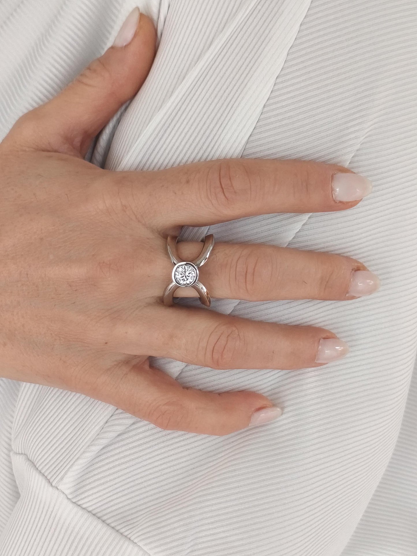 Engagement Ring For Women: Asymmetrical Design, Palladium Coated Silver With Moissanite