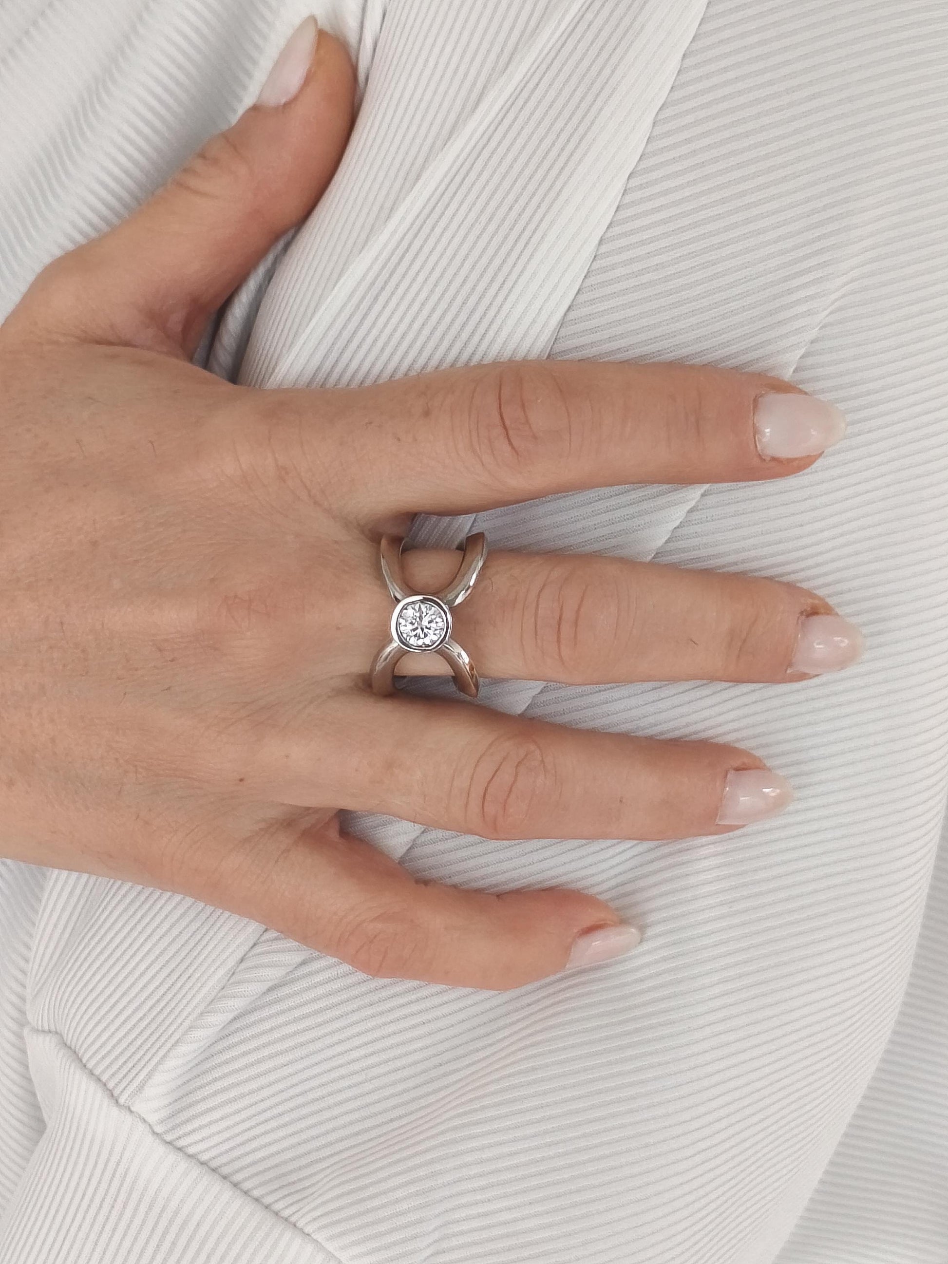 Engagement Ring For Women: Asymmetrical Design, Palladium Coated Silver With Moissanite