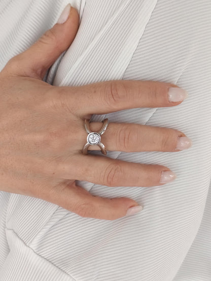 Engagement Ring For Women: Asymmetrical Design, Palladium Coated Silver With Moissanite