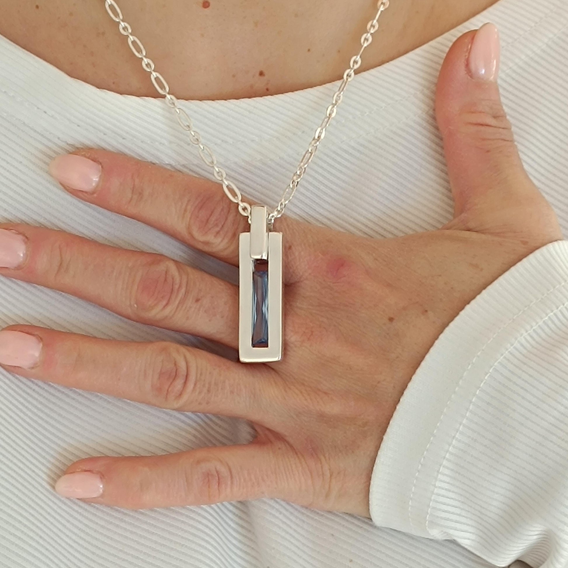 Gemstone Bar Necklace: Sea-Blue Baguette CZ, Minimalist Pendant, Sterling Silver chain