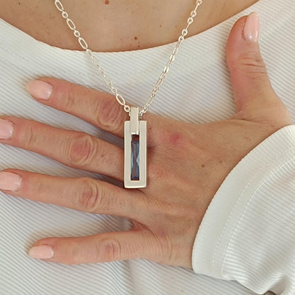 Gemstone Bar Necklace: Sea-Blue Baguette CZ, Minimalist Pendant, Sterling Silver chain