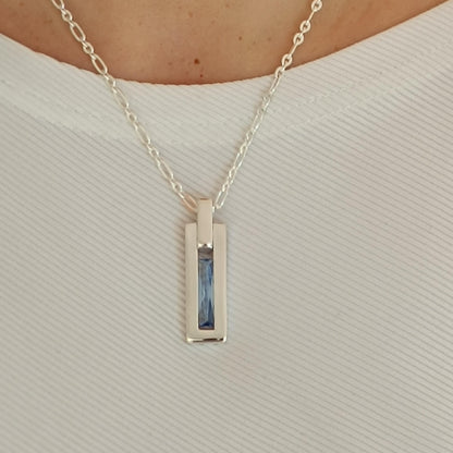 Gemstone Bar Necklace: Sea-Blue Baguette CZ, Minimalist Pendant, Sterling Silver chain