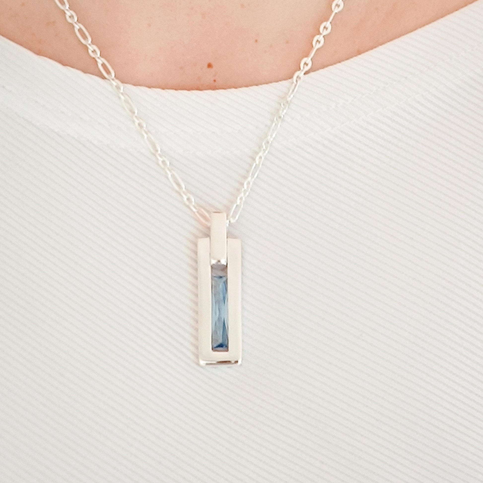 Gemstone Bar Necklace: Sea-Blue Baguette CZ, Minimalist Pendant, Sterling Silver chain