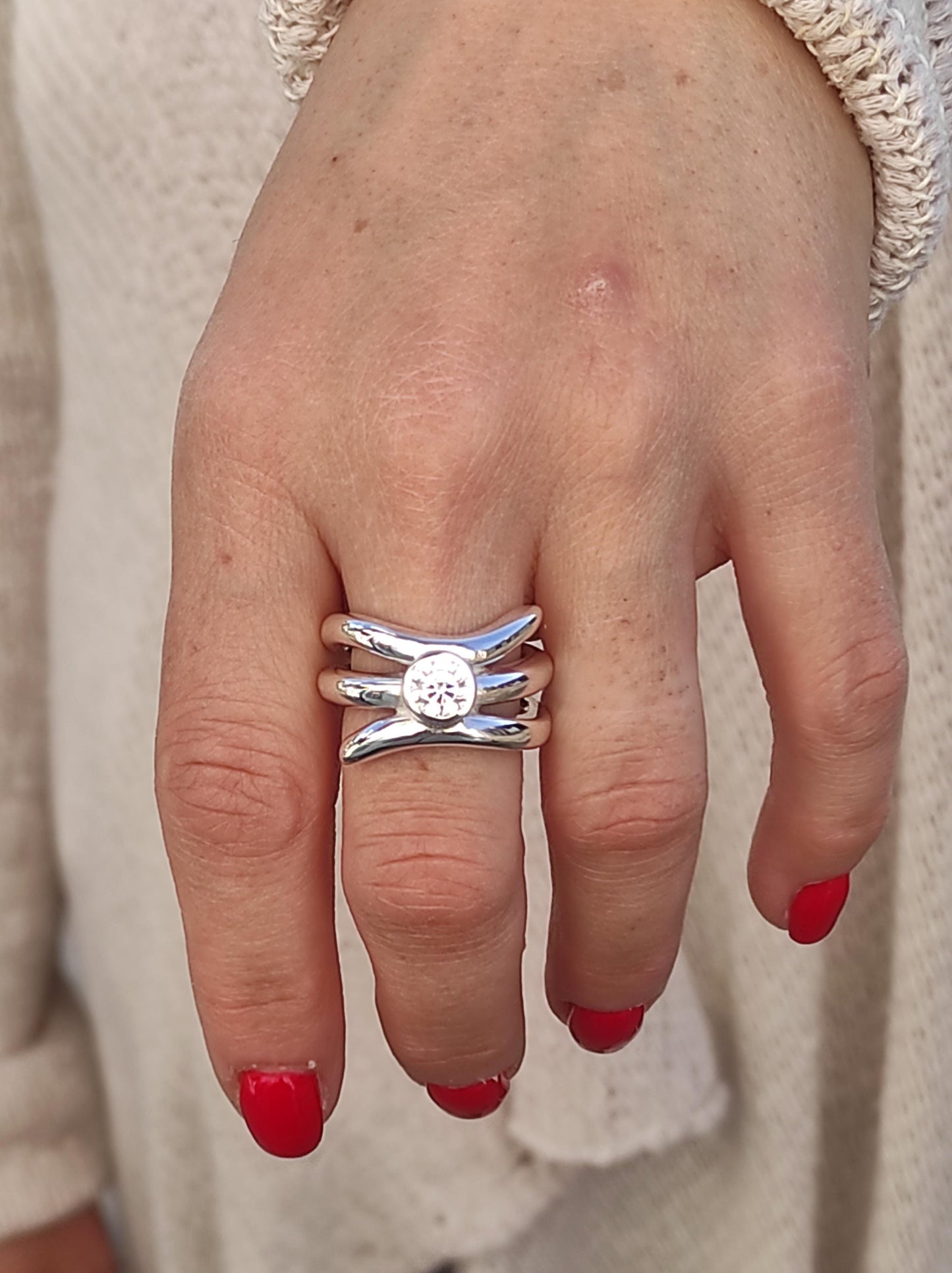 Proposal Ring: Engagement Ring Silver, Asymmetric multiple band Solitaire