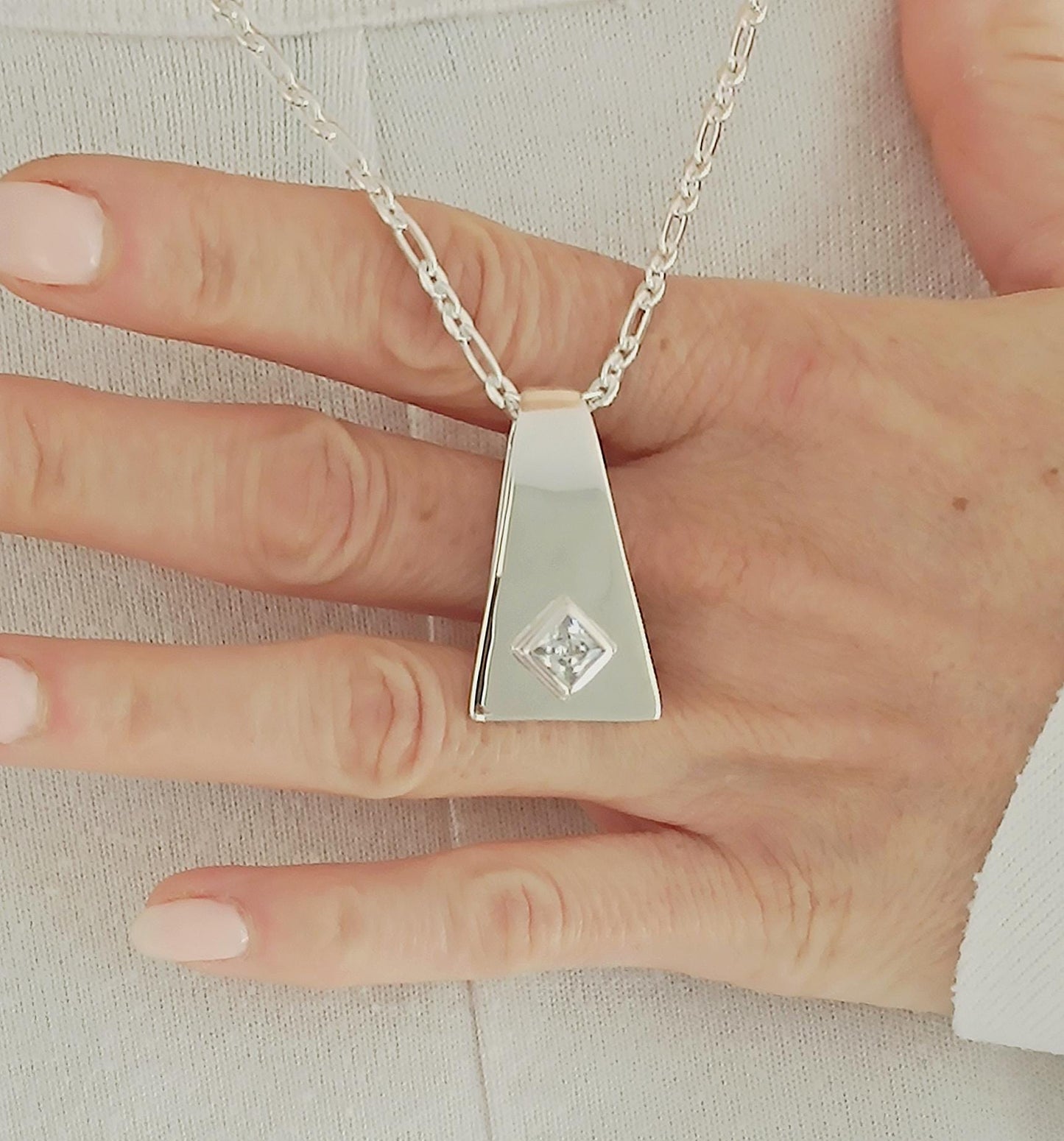 Geometric Pendant Necklace, Modern Minimalist Statement Necklace for Women, Architectural Silver Jewelry