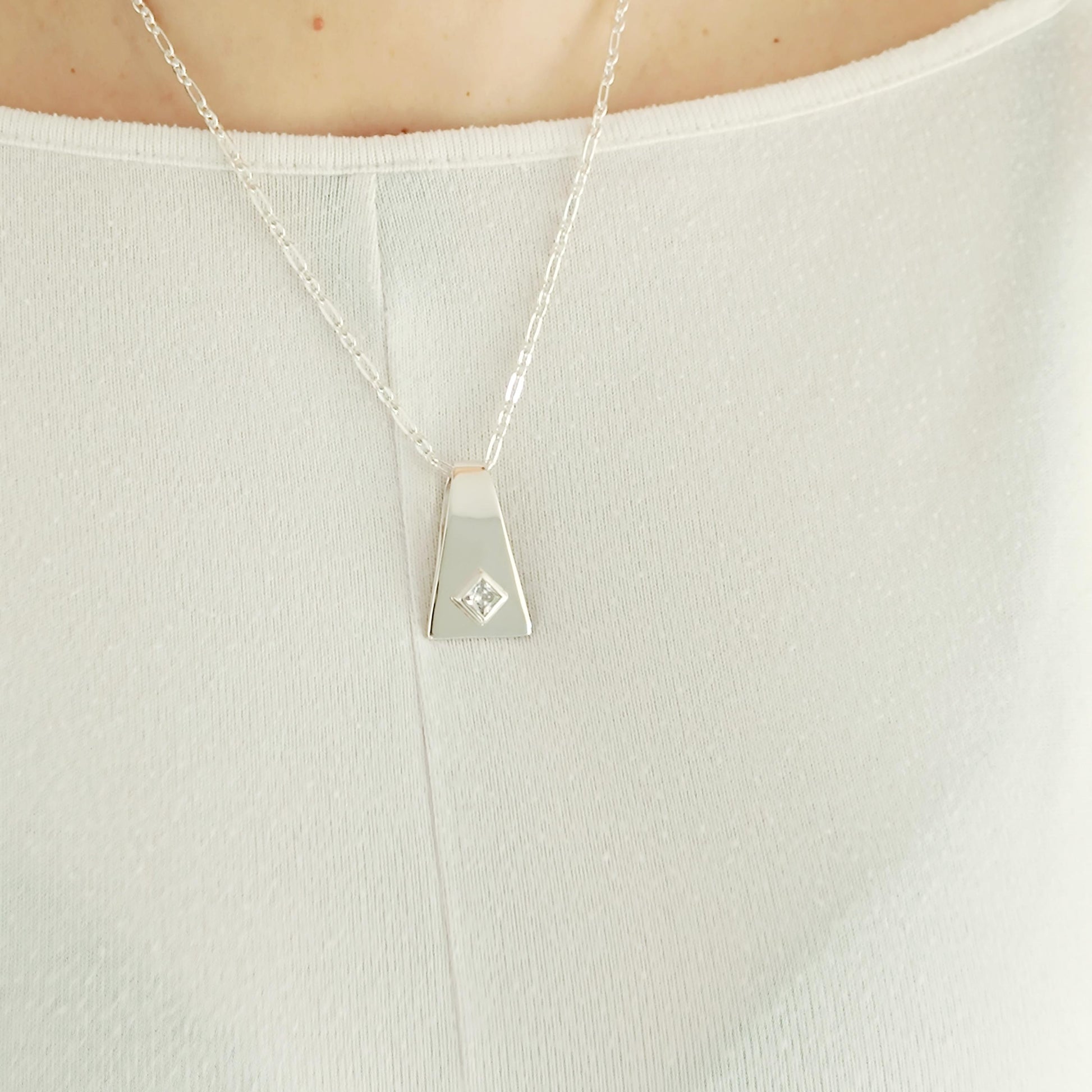 Geometric Pendant Necklace, Modern Minimalist Statement Necklace for Women, Architectural Silver Jewelry