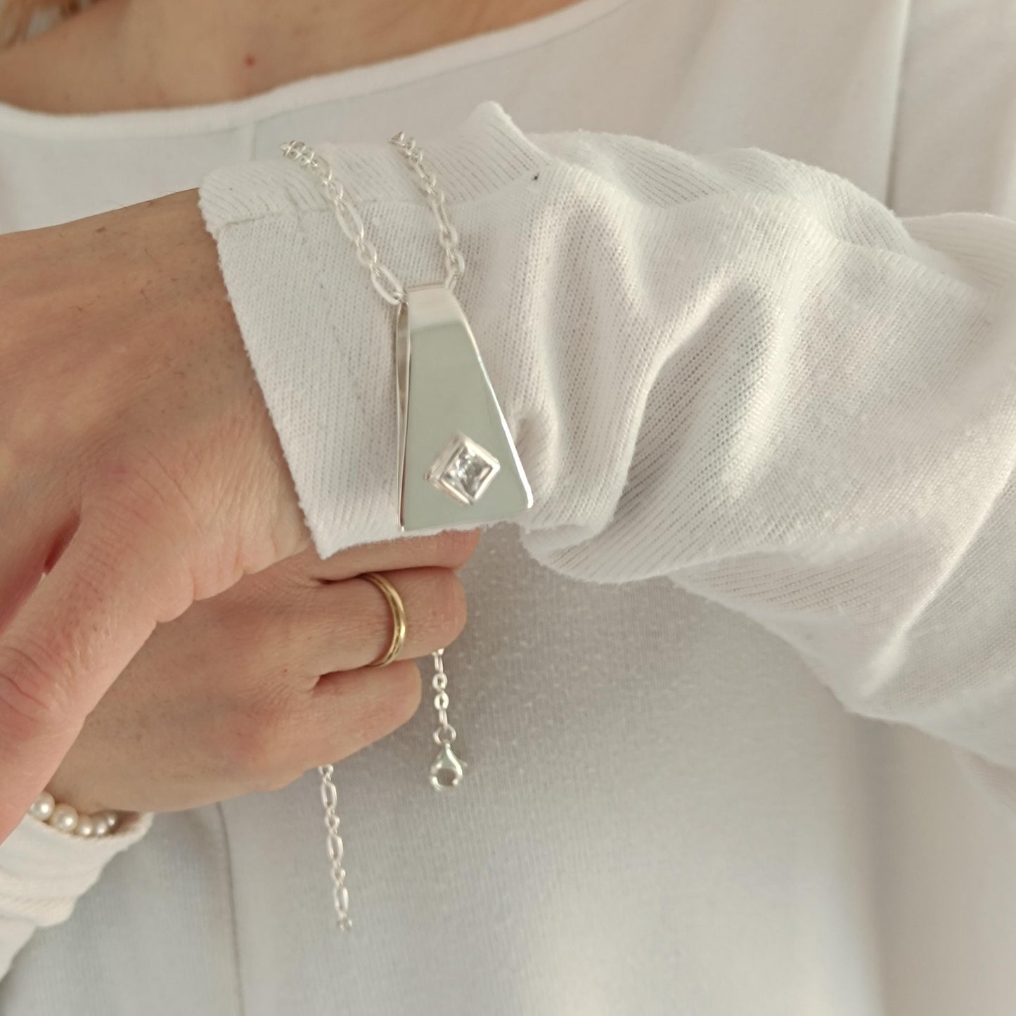 Geometric Pendant Necklace, Modern Minimalist Statement Necklace for Women, Architectural Silver Jewelry