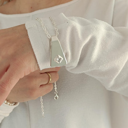 Geometric Pendant Necklace, Modern Minimalist Statement Necklace for Women, Architectural Silver Jewelry
