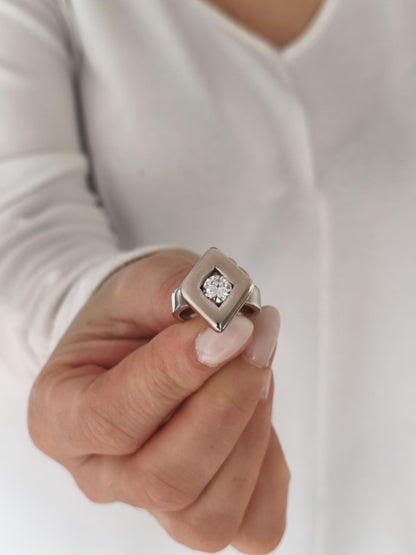 Solitaire Moissanite Ring: Palladium Coated Silver, Rhombus Motif Engagement Ring