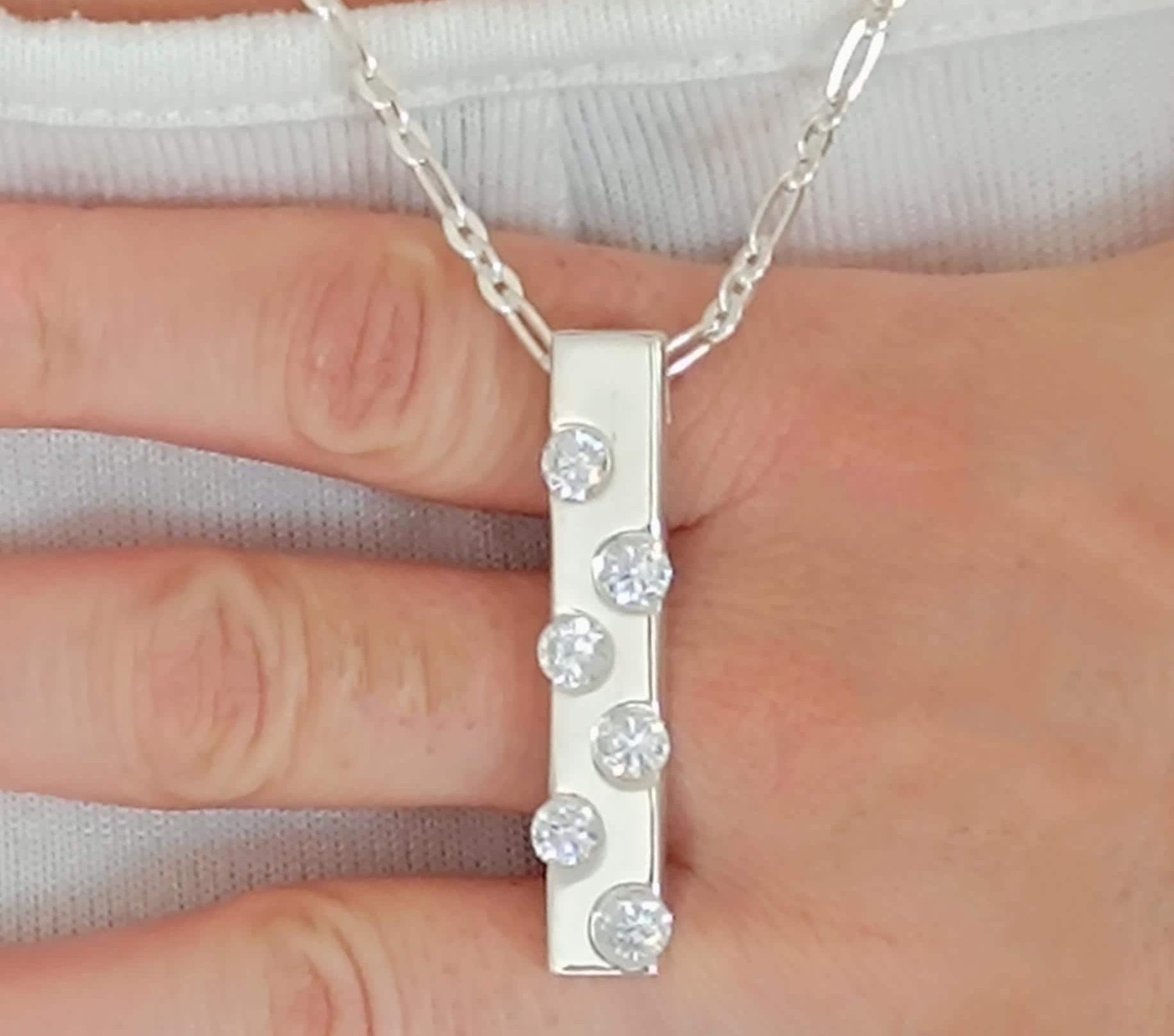 Multi gemstone Silver Bar Necklace, Modern Minimalist Pendant, Sparkling Gemstone Jewelry