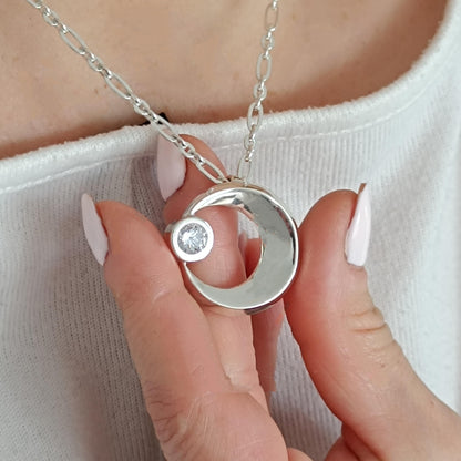 Silver Crescent Moon Necklace, 1ct Moissanite Pendant, Celestial Statement Jewelry