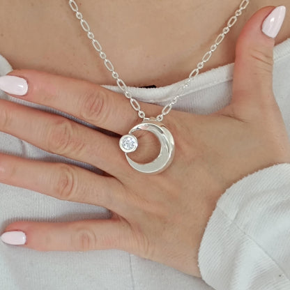 Silver Crescent Moon Necklace, 1ct Moissanite Pendant, Celestial Statement Jewelry