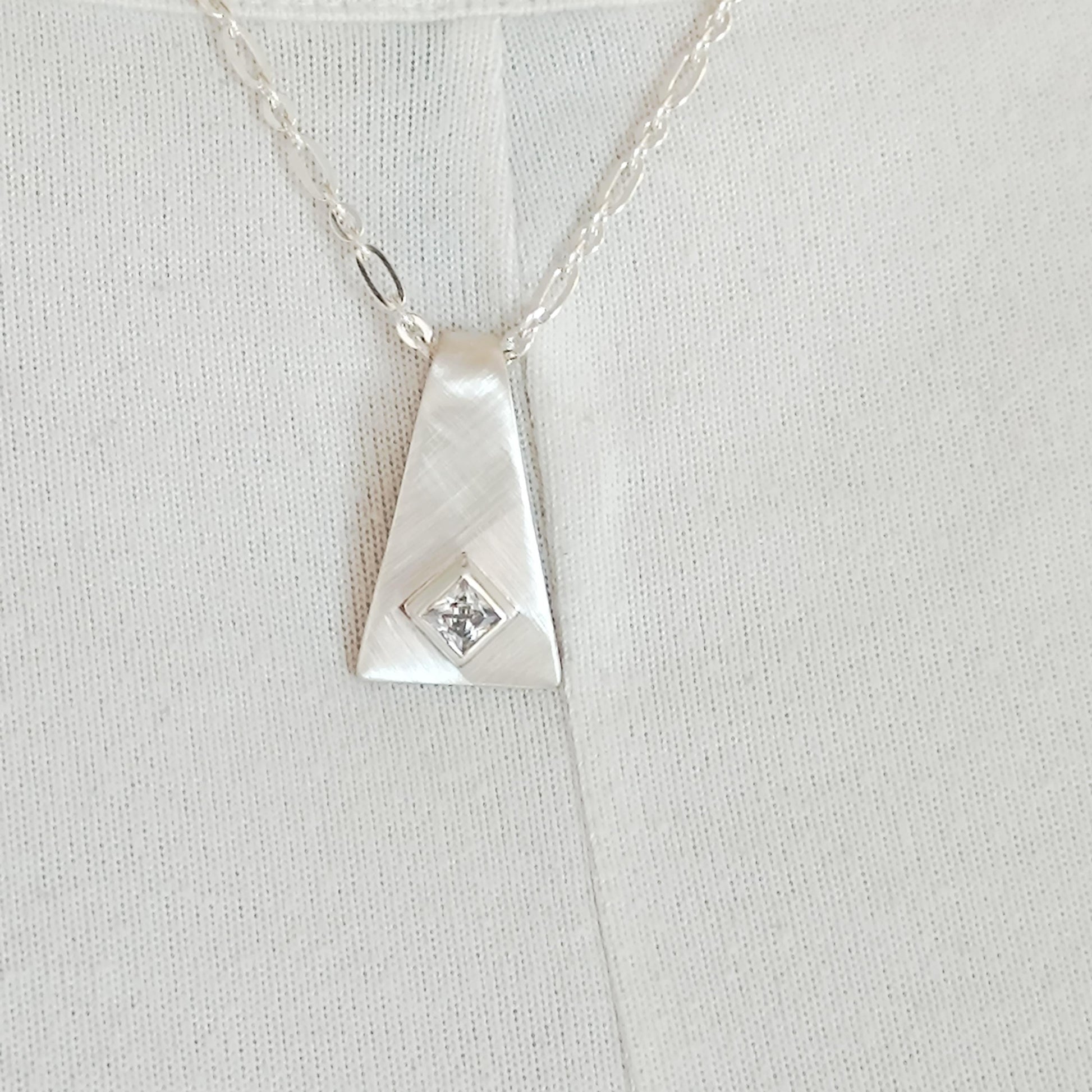 Silver 950 Geometric Pendant, Triangle Necklace, Brushed Finish, Princess Cut Cubic Zirconia