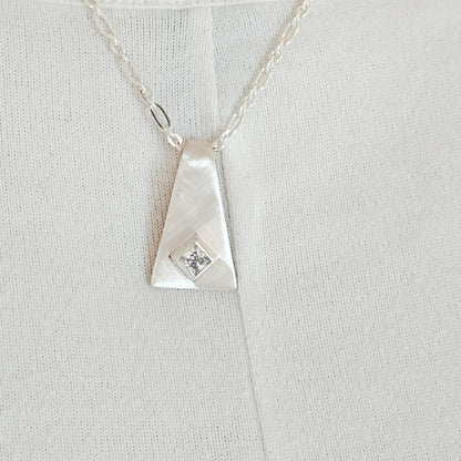 Silver 950 Geometric Pendant, Triangle Necklace, Brushed Finish, Princess Cut Cubic Zirconia