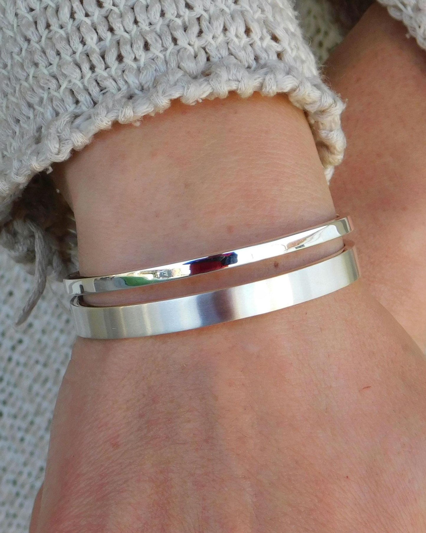 Minimalist Double Cuff Bracelet – AG950 Silver Brushed Bangle