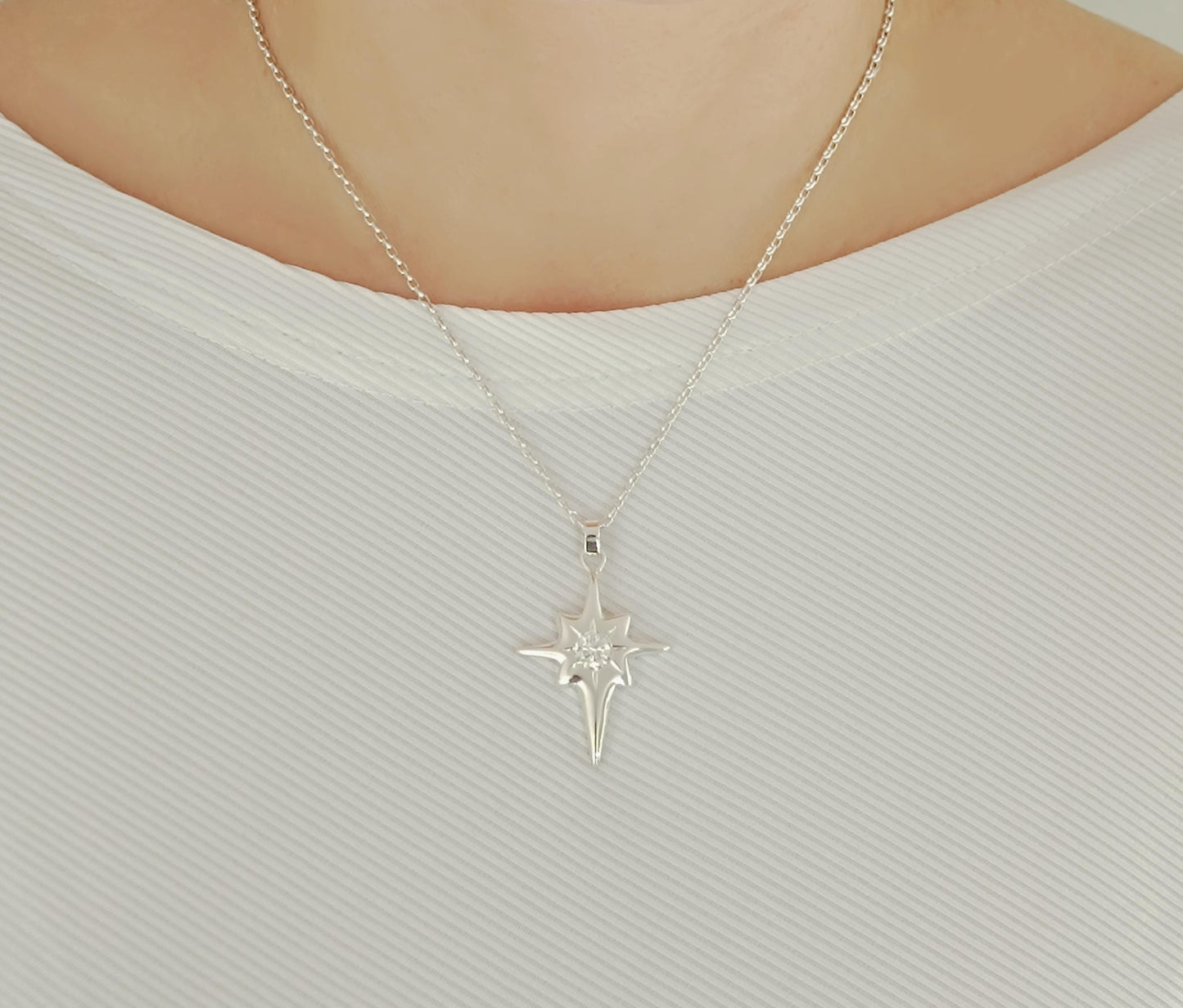 Moissanite Star Cross Pendant, Silver 950 Celestial Necklace, Minimalist Luxury Jewelry