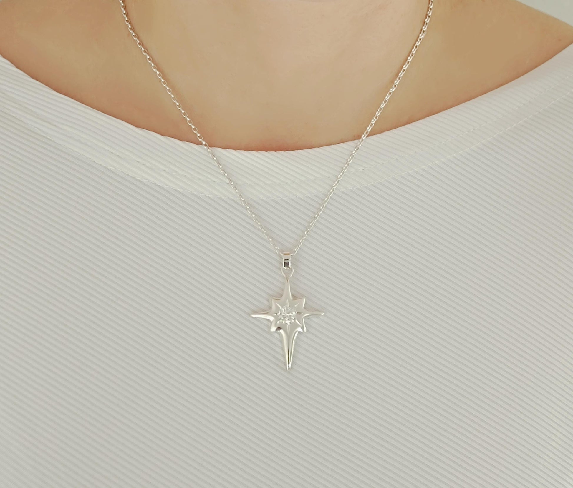 Moissanite Star Cross Pendant, Silver 950 Celestial Necklace, Minimalist Luxury Jewelry