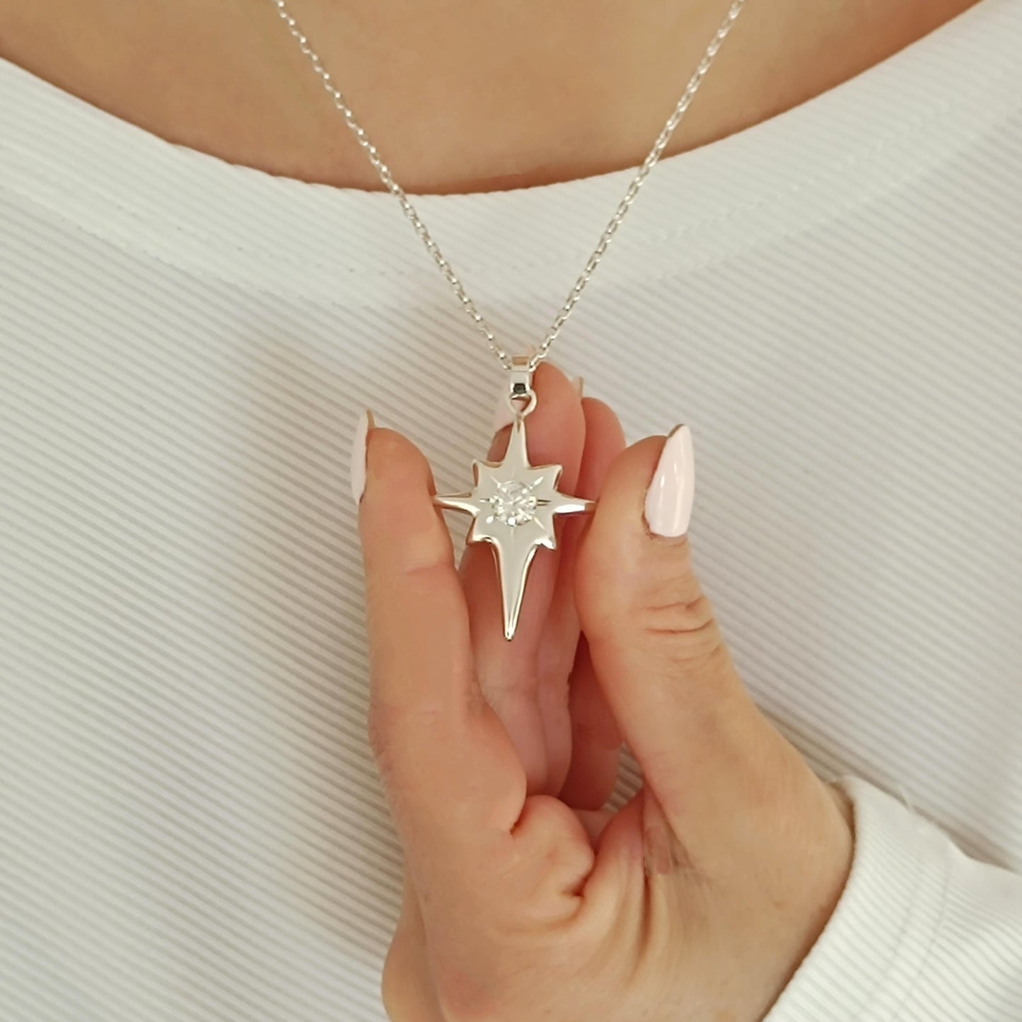 Moissanite Star Cross Pendant, Silver 950 Celestial Necklace, Minimalist Luxury Jewelry