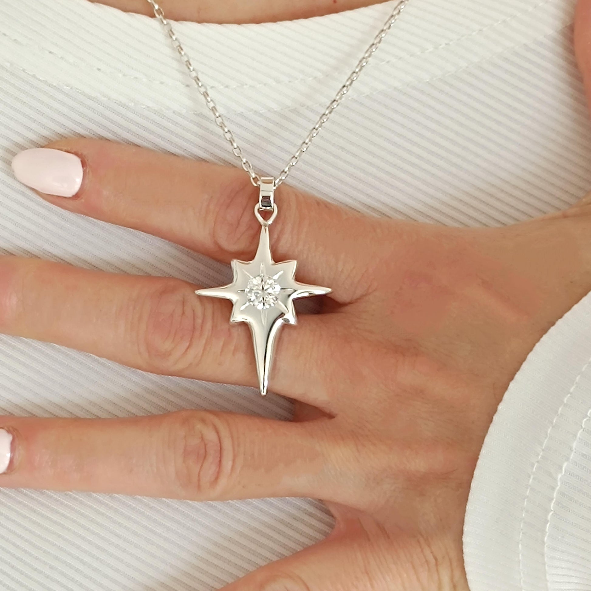 Moissanite Star Cross Pendant, Silver 950 Celestial Necklace, Minimalist Luxury Jewelry