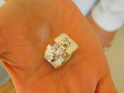 Wide statement ring, Silver multi-stone ring, Ancient greek design