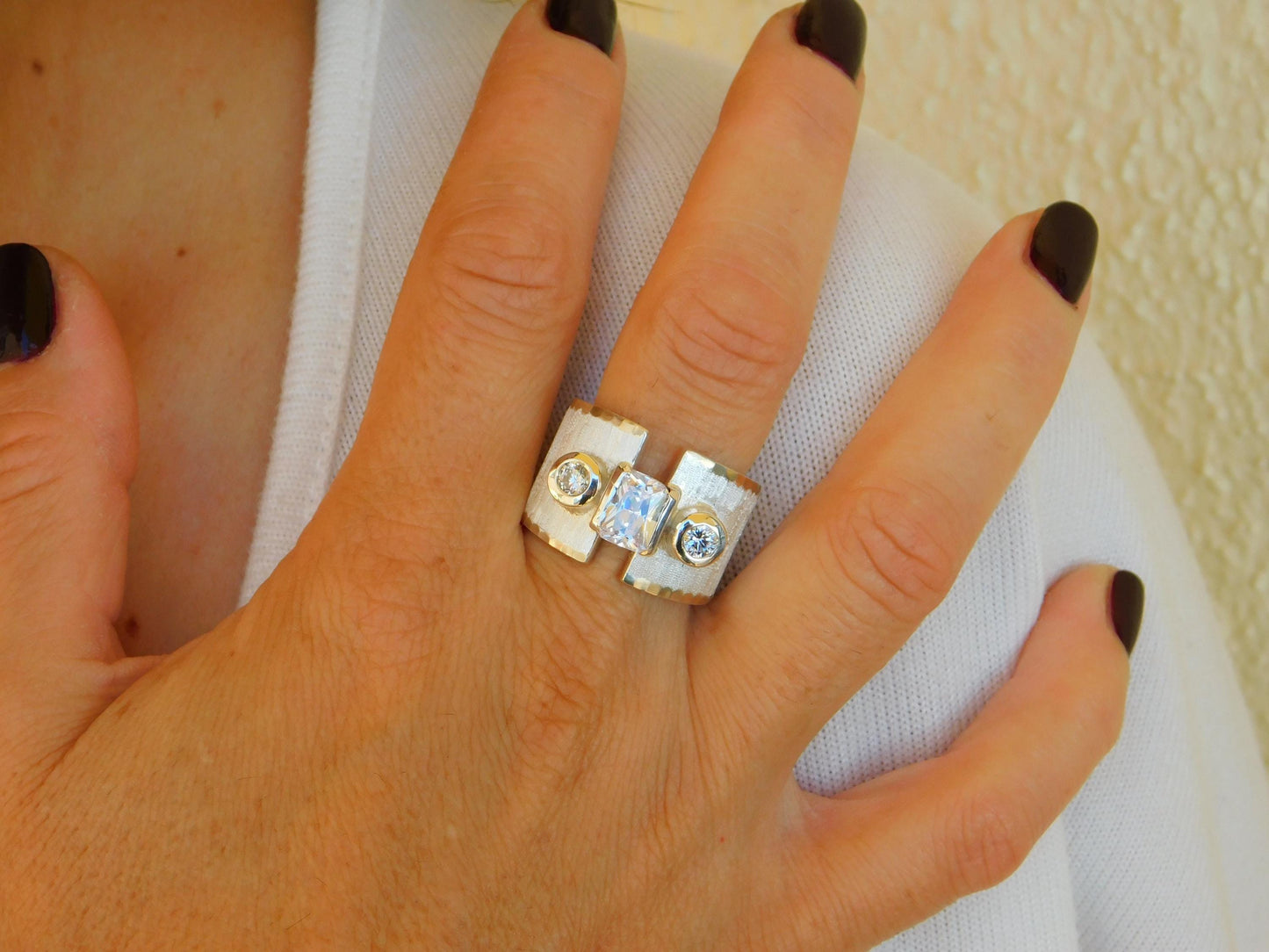 Wide statement ring, Silver multi-stone ring, Ancient greek design