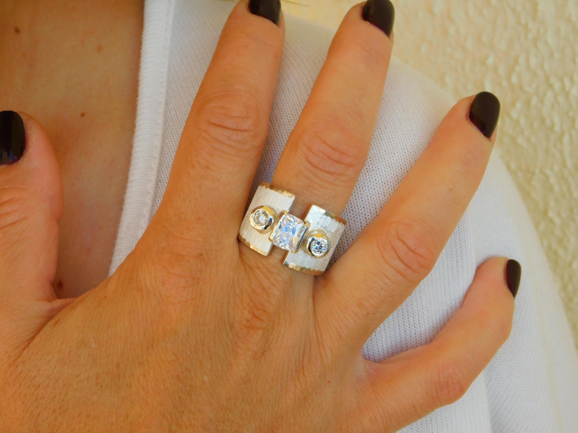 Wide statement ring, Silver multi-stone ring, Ancient greek design