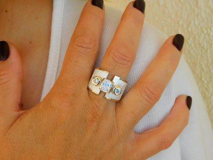 Wide statement ring, Silver multi-stone ring, Ancient greek design
